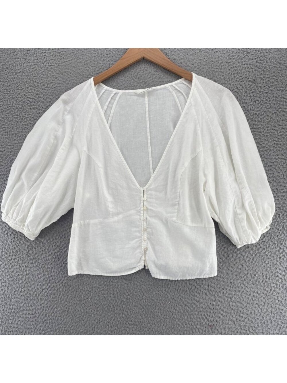 H&M Top Womens M White Linen Blend Cropped Tunic Plunging V Neck Balloon Sleeve